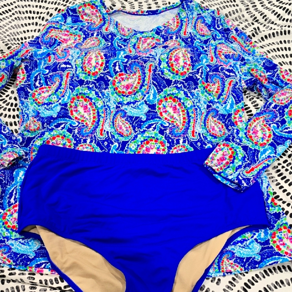 Colorful Set Of Long Sleeve Swimsuit With Built-In Bra.